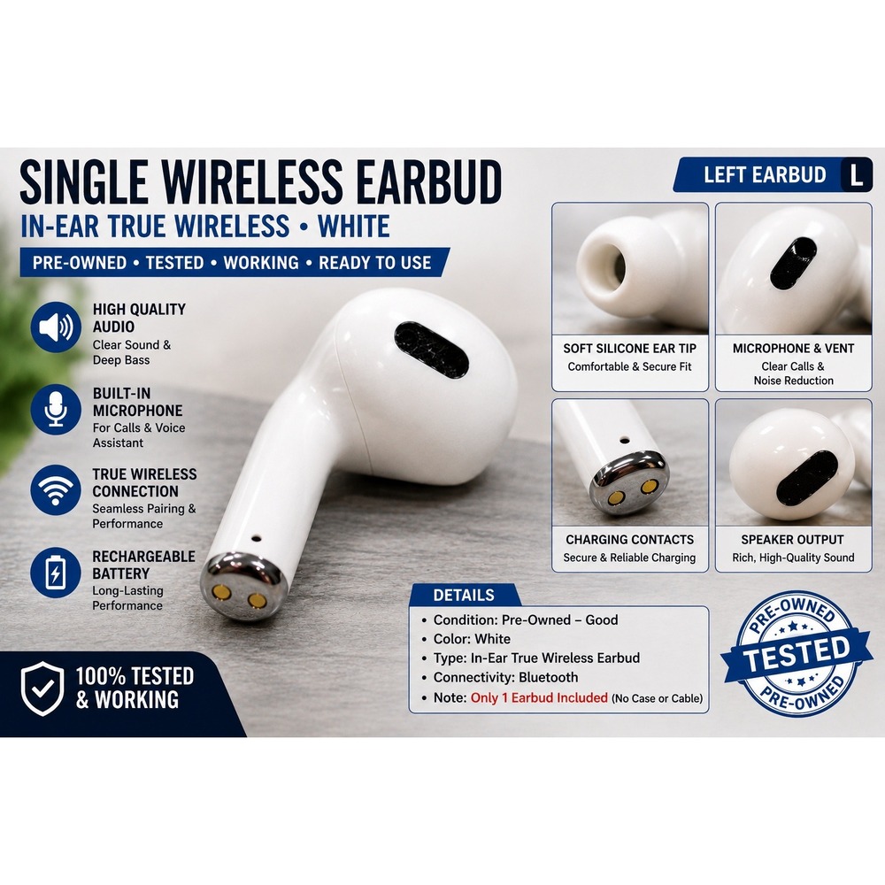 Single Wireless Left Earbud In-Ear Bluetooth Replacement White Tested